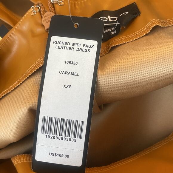 Bebe Carmel RUCHED MIDI VEGAN LEATHER DRESS - Picture 8 of 11